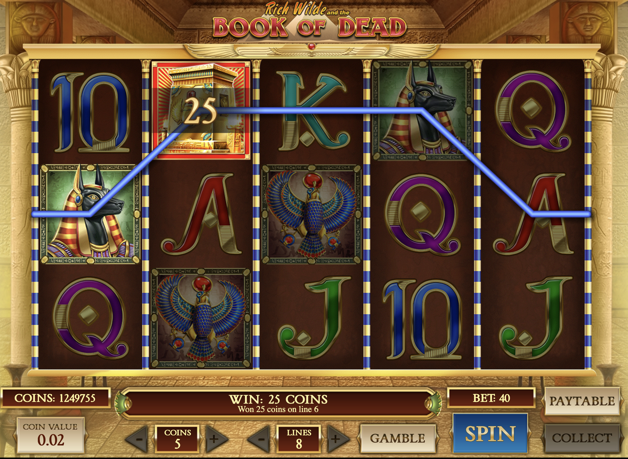 Book of the Dead Gewinn-Screenshot mit Book Wild/Scatter-Symbolen bei BlitzBet Österreich